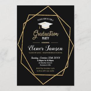Modern Black and Gold Geometric Graduation Party Invitation