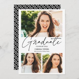 Modern black and white 3 photos collage graduation announcement