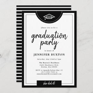 Modern Black and White Stripes Graduation Party Invitation