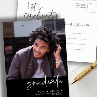 Modern Black Fun Script Simple Photo Graduation Invitation Postcard