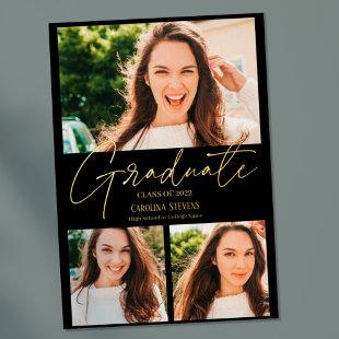 Modern black gold 3 photos collage graduation foil invitation