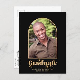 Modern Black Gold Arch Photo Graduation Announcement Postcard