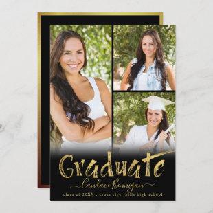Modern Black Gold Brush Graduate Photo Collage Announcement