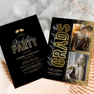 Modern Black Gold Double Graduation Party Invitation