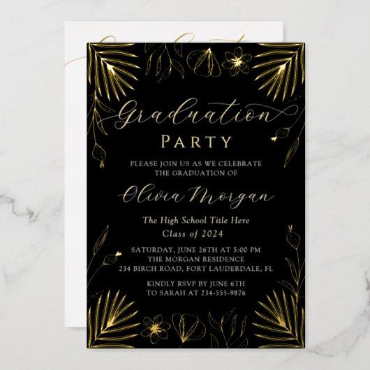 Modern Black Gold Floral Script Graduation Photo F Foil Invitation