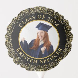 Modern Black Gold Glitter Grad Photo Graduation Balloon