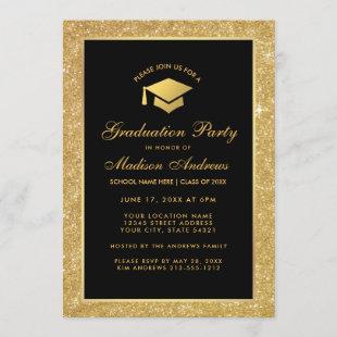 Modern Black Gold Glitter Graduation Party Invite