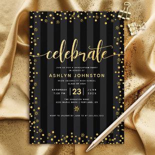 Modern black gold glitter script girly graduation invitation