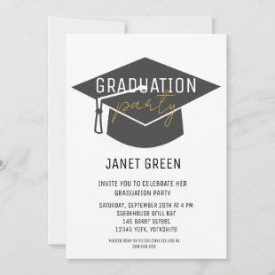 Modern Black Gold Grad Cap Tassel Graduation Party Invitation