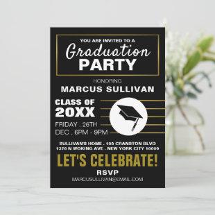 Modern Black & Gold, Graduation Party Invitation