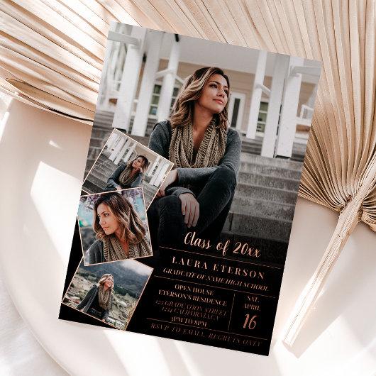 Modern black gold minimalist photo graduation foil invitation