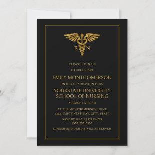 Modern Black Gold Nursing School RN Graduation Invitation