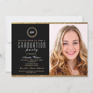 Modern Black Gold Photo Graduation Invitation