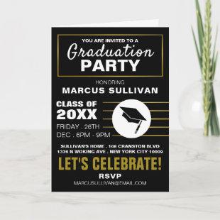 Modern Black & Gold, Photo Graduation Party Invite