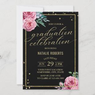 Modern Black & Gold Watercolor Floral Graduation Invitation