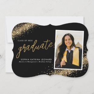 Modern Black Graduate Script Gold Photo Graduation Announcement