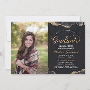 Modern Black Grey and Gold Graduation Photo Invite