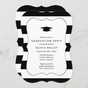 Modern Black Striped Tag Frame Graduation Party Invitation