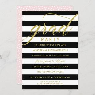 Modern Black Stripes Gold Custom Grad Party Invitation