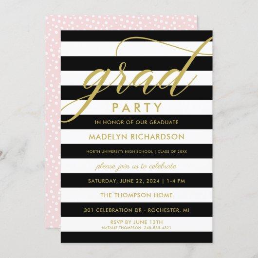 Modern Black Stripes Gold Custom Grad Party Invitation