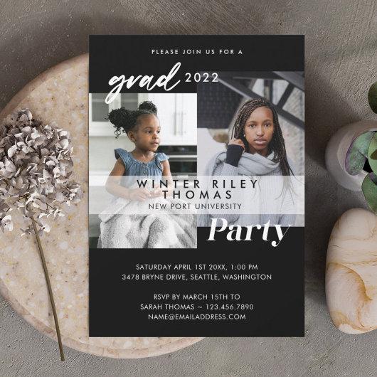 Modern Black Then & Now Two Photo Graduation Party Invitation