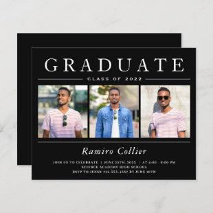 Modern Black White 3 Photo Graduation Invitations