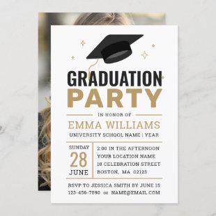 Modern Black White Gold Photo Graduation Party Invitation