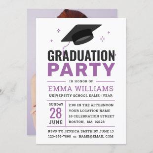 Modern Black White Purple | Photo Graduation Party Invitation
