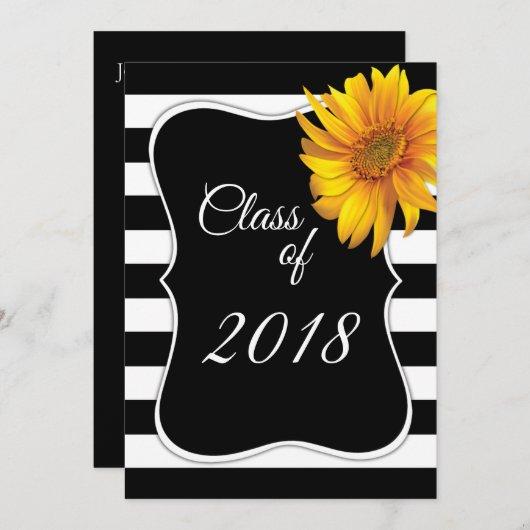 Modern BlackWhite Stripe Sunflower 2018 Graduation Invitation