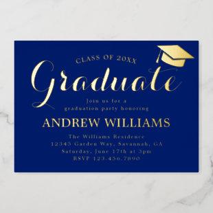 Modern Blue And Gold Graduation Party Foil Invitation