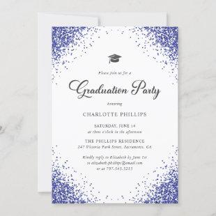 Modern Blue Confetti Script Photo Graduation Party Invitation