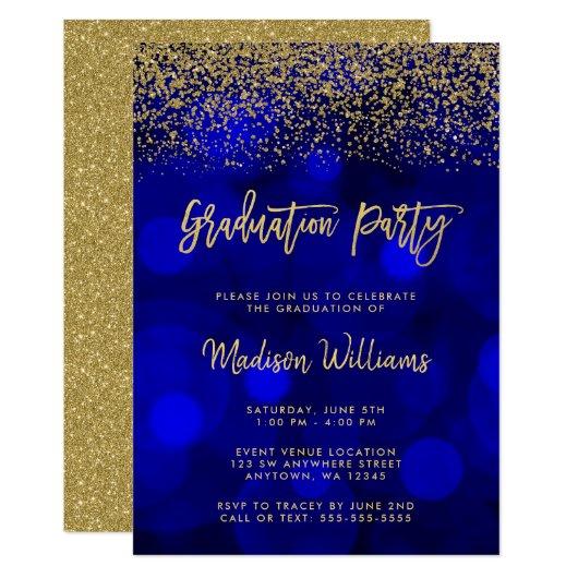 Modern Blue Faux Gold Glitter Graduation Party Invitation