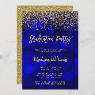 Modern Blue Faux Gold Glitter Graduation Party