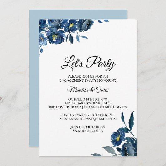 Modern Blue Floral Let's Party Invitation