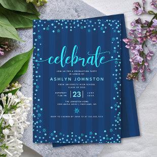 Modern blue glitter script chic girly graduation invitation