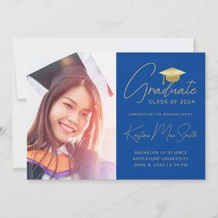 Modern Blue Gold Script Photo College Graduation Announcement