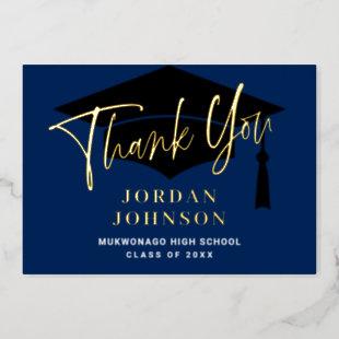 Modern Blue Graduation Gold Foil Thank You Card