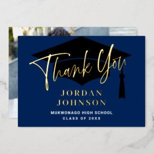 Modern Blue Graduation Gold Foil Thank You Card