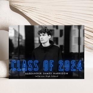 Modern Blue Neon Class of 2024 Photo Graduation Announcement