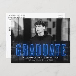 Modern Blue Neon Photo Graduation Party Invitation Postcard