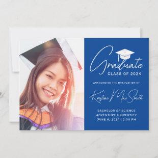 Modern Blue White Cap Photo College Graduation Announcement