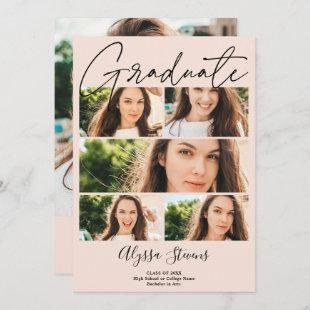 Modern blush pink 6 photos grid collage graduation announcement