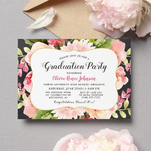 Modern Blush Pink Floral Stripes Graduation Party Invitation