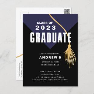 Modern Bold Blue Grad Cap Graduation Postcard