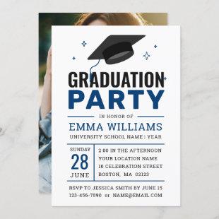 Modern Bold Blue White Photo Graduation Party Invitation