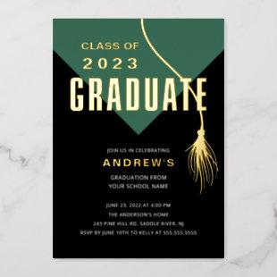 Modern Bold Green Grad Cap Graduation Foil Invitation