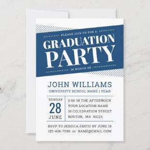 Modern Bold Navy Blue White Graduation Party Invitation