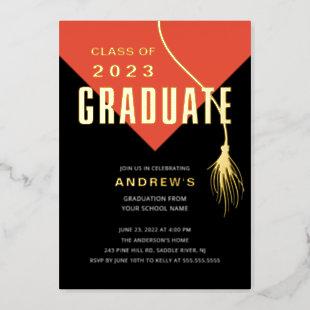 Modern Bold Orange Grad Cap Graduation Foil Invitation