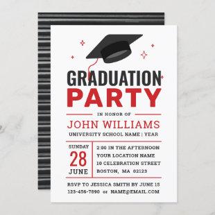 Modern Bold Red Black White Photo Graduation Party Invitation