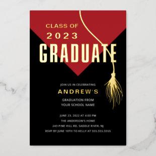 Modern Bold Red Grad Cap Graduation Foil Invitation